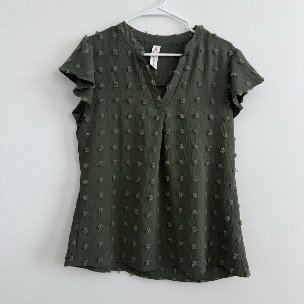 Women’s Green Textured V Neck Flutter Sleeve Swiss Dot Tunic Blouse Boho Large